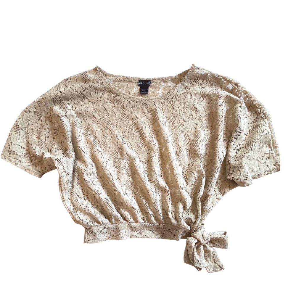 Wet Seal Tan Floral Lace Crop Top‎ Side Tie Short Sleeve Blouse Small Boho Sheer
